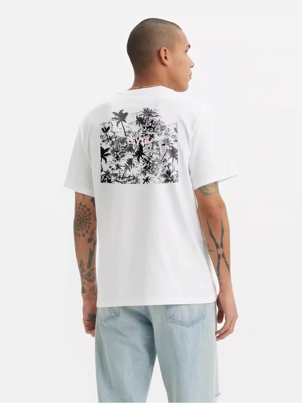 Levi's White Tee with Black Tropical Print and Pink Logo